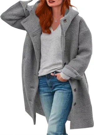 ZOCAVIA Women's Wool Blend Long Hooded Pea Coat Winter Solid Mid Length Single Breasted Overcoat Casual Jacket with Pockets