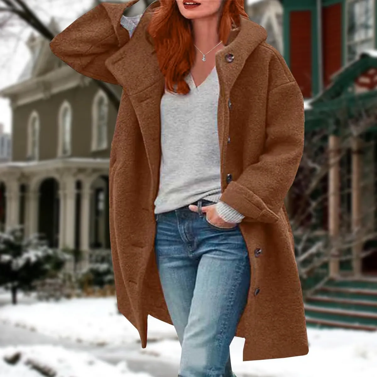 ZOCAVIA Women's Wool Blend Long Hooded Pea Coat Winter Solid Mid Length Single Breasted Overcoat Casual Jacket with Pockets